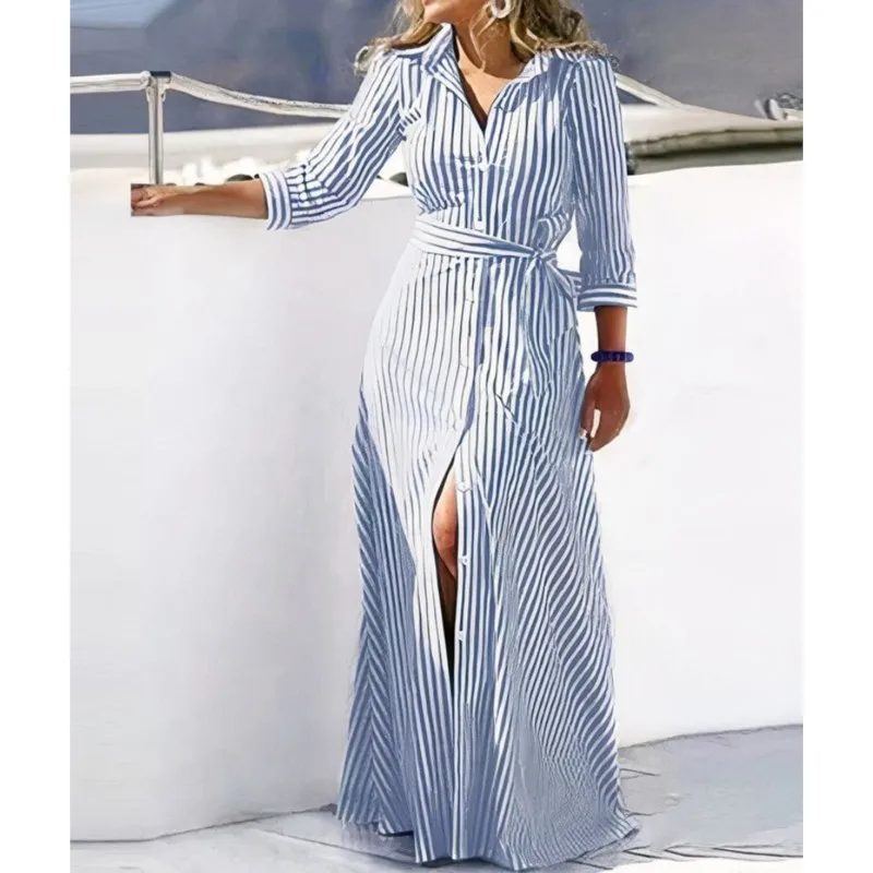 2024 Spring New Fashion Long Sleeved Print Lace-Up Shirt Dress For Women Turn Down Collar Single Breasted Maxi Dress Femme Robe