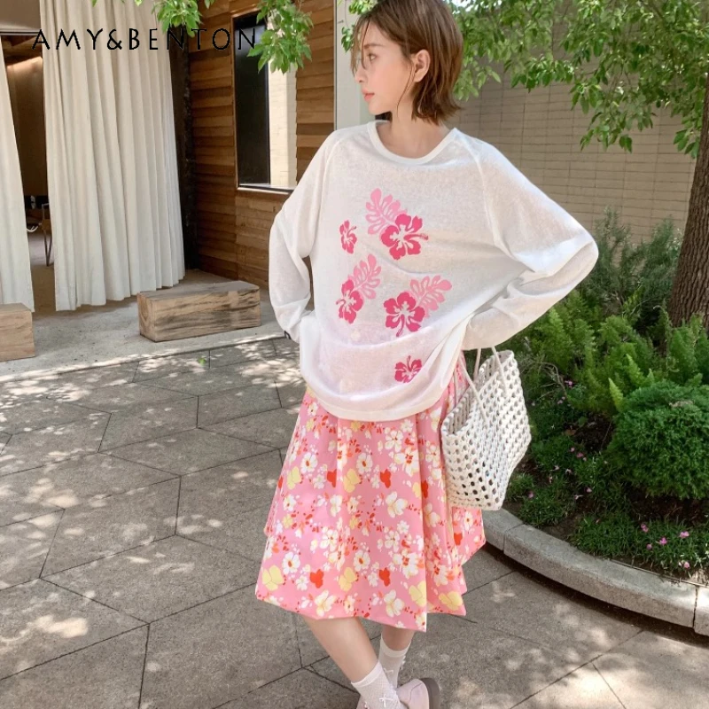 

2025 Summer New Pink Flower Print Puffy Bud Women's Pleated Skirt Original Design Versatile Casual Medium Long Skirts Ladies