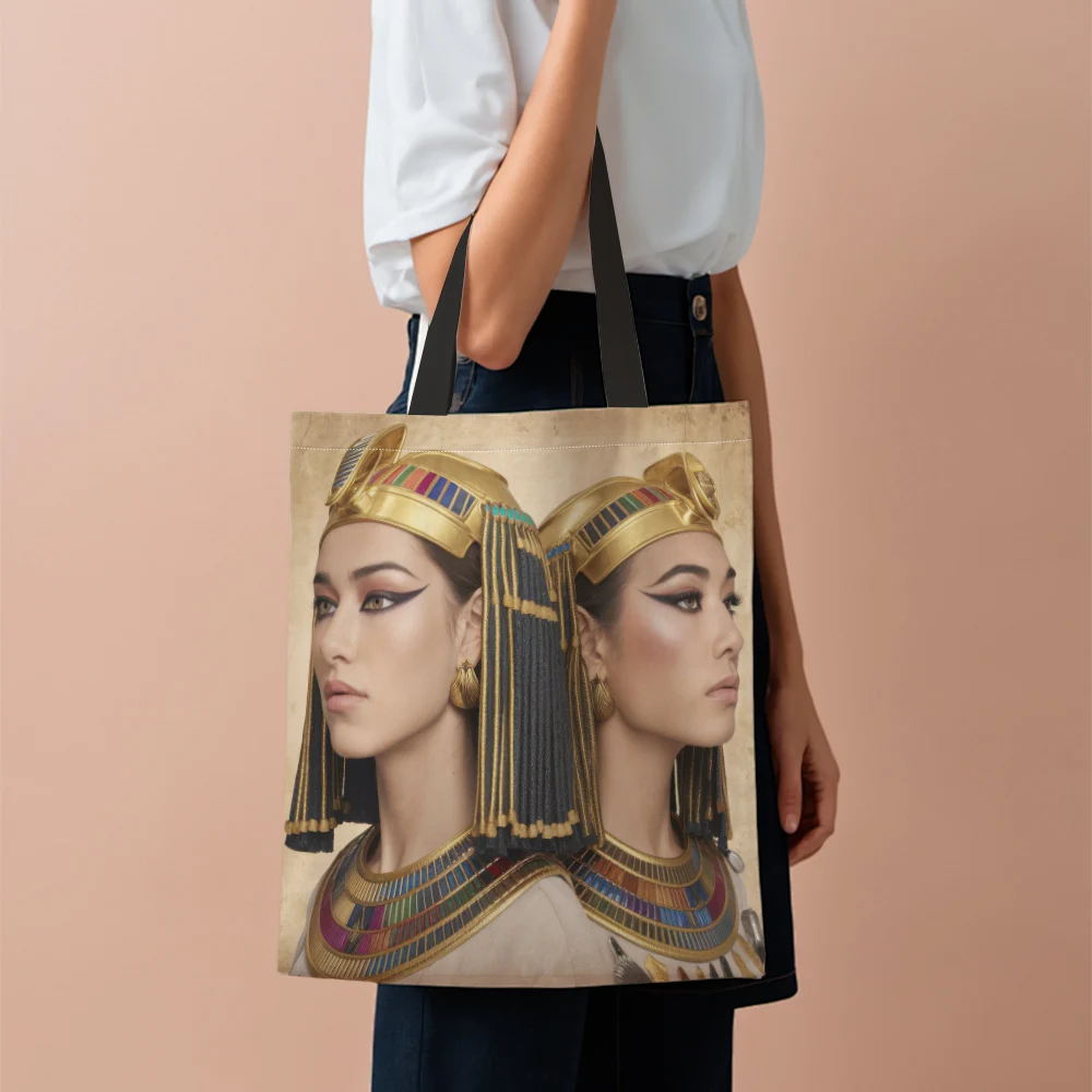 1Pc Shopping Tote Bag Reusable Egyptian Art Print Shopping Bag Shoulder Carry Bag For Groceries School Travel Outdoor