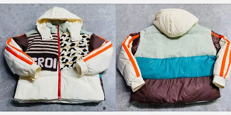 Down Jacket for Women 2025 Winter Denim Patchwork Knitted Striped Color-Block White Duck Down Thickened Puffer Jacket Coat