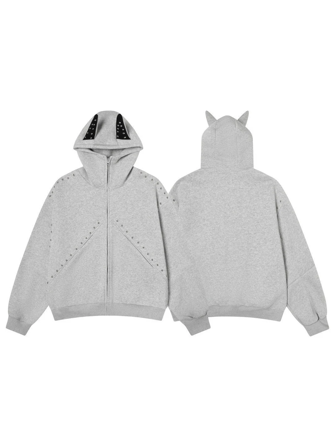 Amerykańska bluza z kapturem w stylu high street dla mężczyzn i kobiet, jesienna moda, bluza z nitami na uszy, modna patchworkowa luźna kurtka rozpinana z długim rękawem.