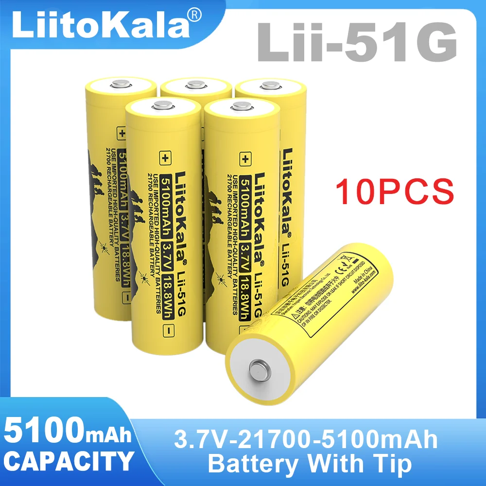 

10PCS Liitokala Lii-51G Tip 3.7V 5100mAh 21700 For Flashinglight High-capacity 100% Original Lithium Battery