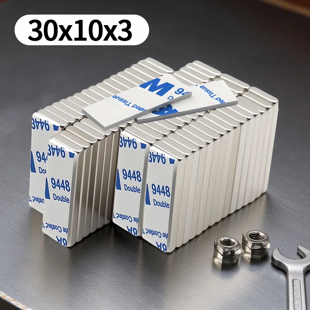 30x10x3mm Powerful Neodymium Magnet Block With double-sided adhesive Super Strong N35 Permanent Magnetic Refrigerator Magnet
