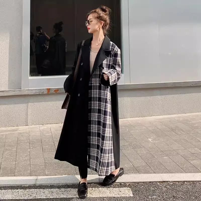 Long Over-the-knee Suit jacket Autumn Clothes Women's 2024 New Korean Plaid Stitching Trench Coat Design Feels Woolen Coats Tide