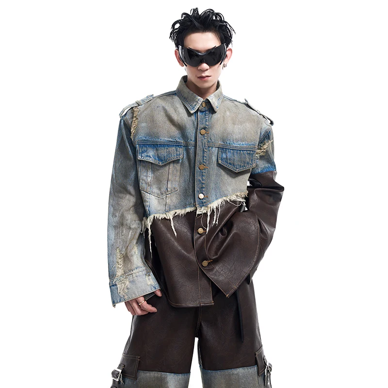 LUZHEN Patchwork Leather Denim Jacket Tassel Wornout Trendy High Street American Designer Autumn Clothes New Men's Pants LZ5926