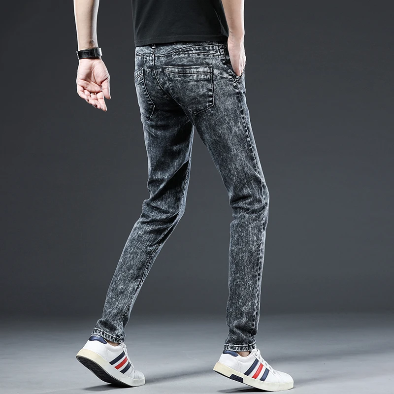 New Men Skinny Jeans Fashion Korean Style Washed Snowflakes Streetwear Slim Straight Personality Vintage Male Denim Trousers