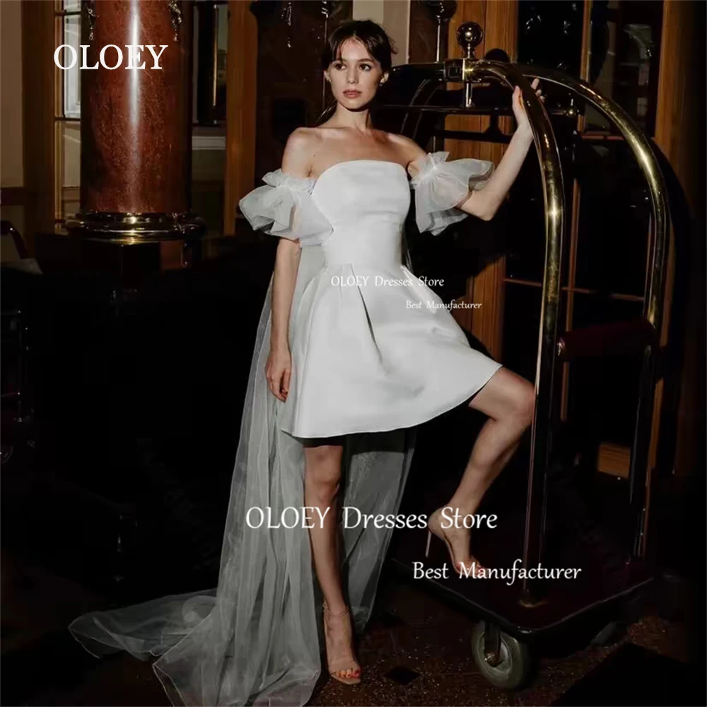 OLOEY Simple Ivory Strapless A Line Short Wedding Dress With Dethable Sleeves Photoshoot Pleats Satin Bridal Gown Zip Back Custo