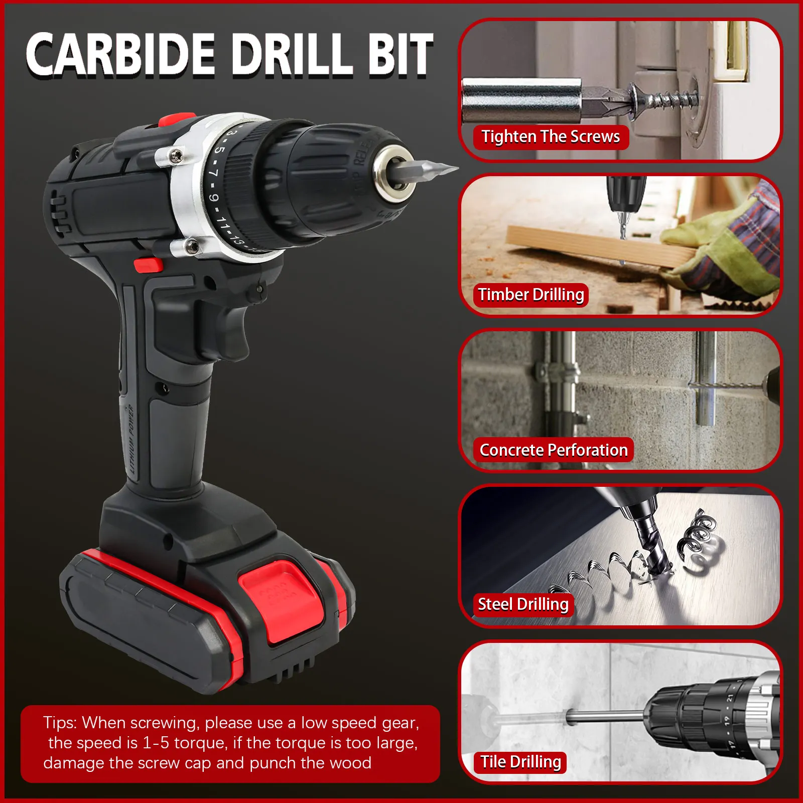 Cordless Impact Drill Kit 21V 45N.m Screwdriver 1500r/min 2x Lithium Batteries Charger for Drilling Screw Tightening/Loosening