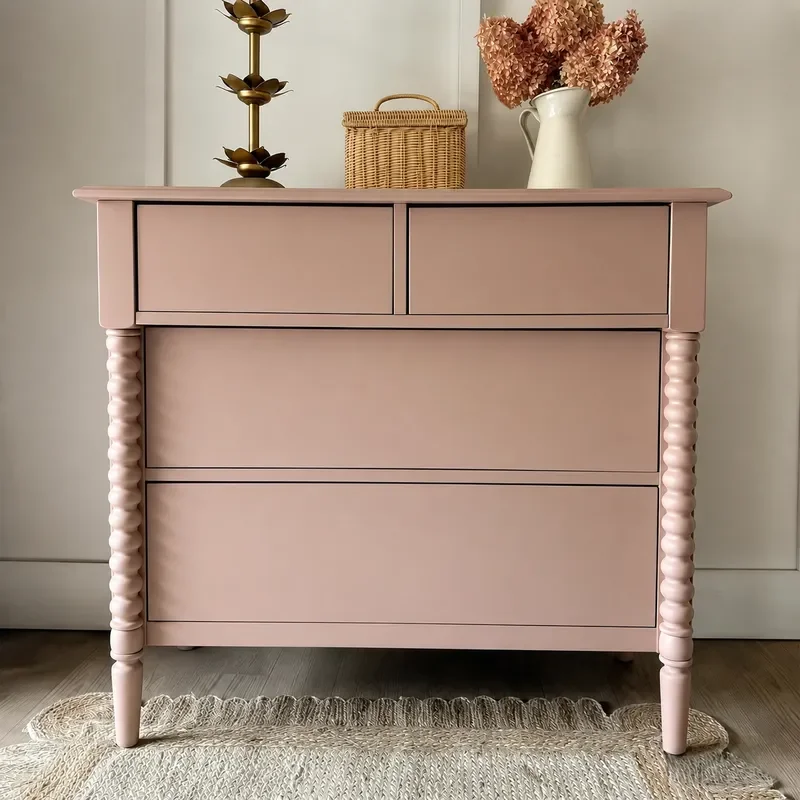 Pink Solid Wood 4 Drawer Chest Cabinet with Metal Handles Bedroom Locker Living Room Storage Unit Porch Organizer Furniture