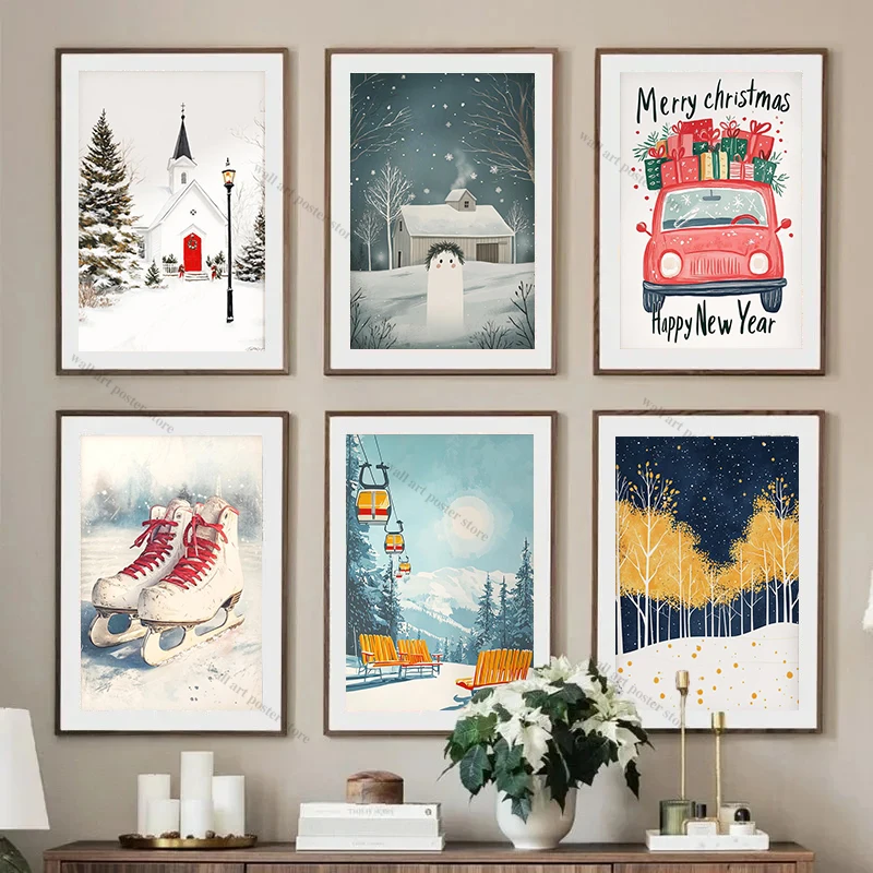 1pc Canvas Painting frameless Christmas Wall Art Winter Paintings Holiday Decor Christmas Posters Winter Room Painting Nursery C
