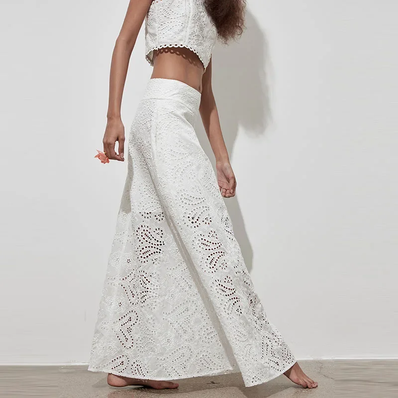 

Summer New Solid Color High Waist Long Skirts Leisure Women Commute A-line Dress Fashion Lace Embroidery Hollow Out Half Skirts