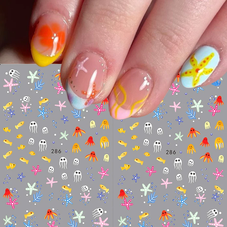 Dopamine Macaron-Themed Underwater World Nail Stickers -  Colorful Fish, Starfish, jellyfish Design Nail Decals for Nail Art