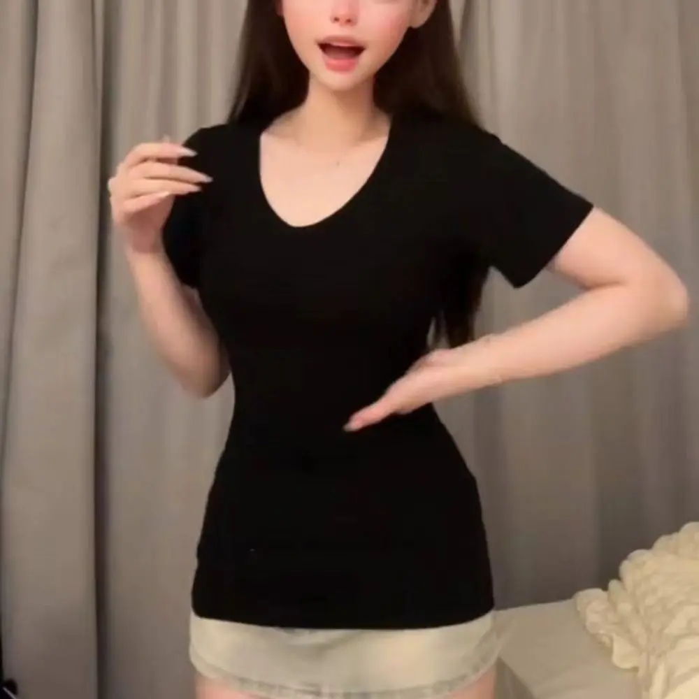 

Thin Pullover Short Sleeve T-shirt Slim Fit Korean Style Y2K Crop Top Women Summer Simple V-neck Basic Tees Shirts Women