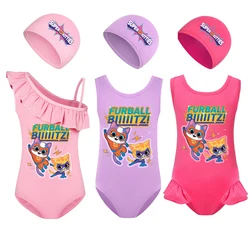 SuperKitties Swimsuit for Girl Cosplay SuperKitty Costume Baby Girls One Piece Swimwear+swimcap Suit Kids Cartoon Cats Bath Suit