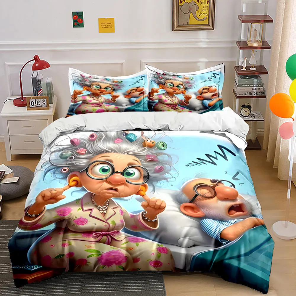 Funny Cartoon Grumpy Grandma Snoring Grandpa Bedding Set 3pcs, Cute Comic Elderly Couple Print Duvet Cover,Double, Single, Gifts