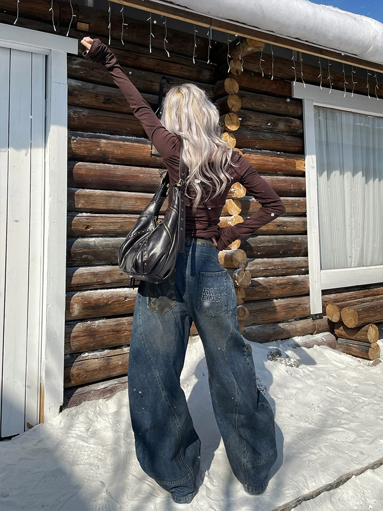 

YAMMYUKI American Retro Patchwork Wide Leg Floor-Length Jeans Waed out Denim Loose Fit Trousers Casual Sle l Waist