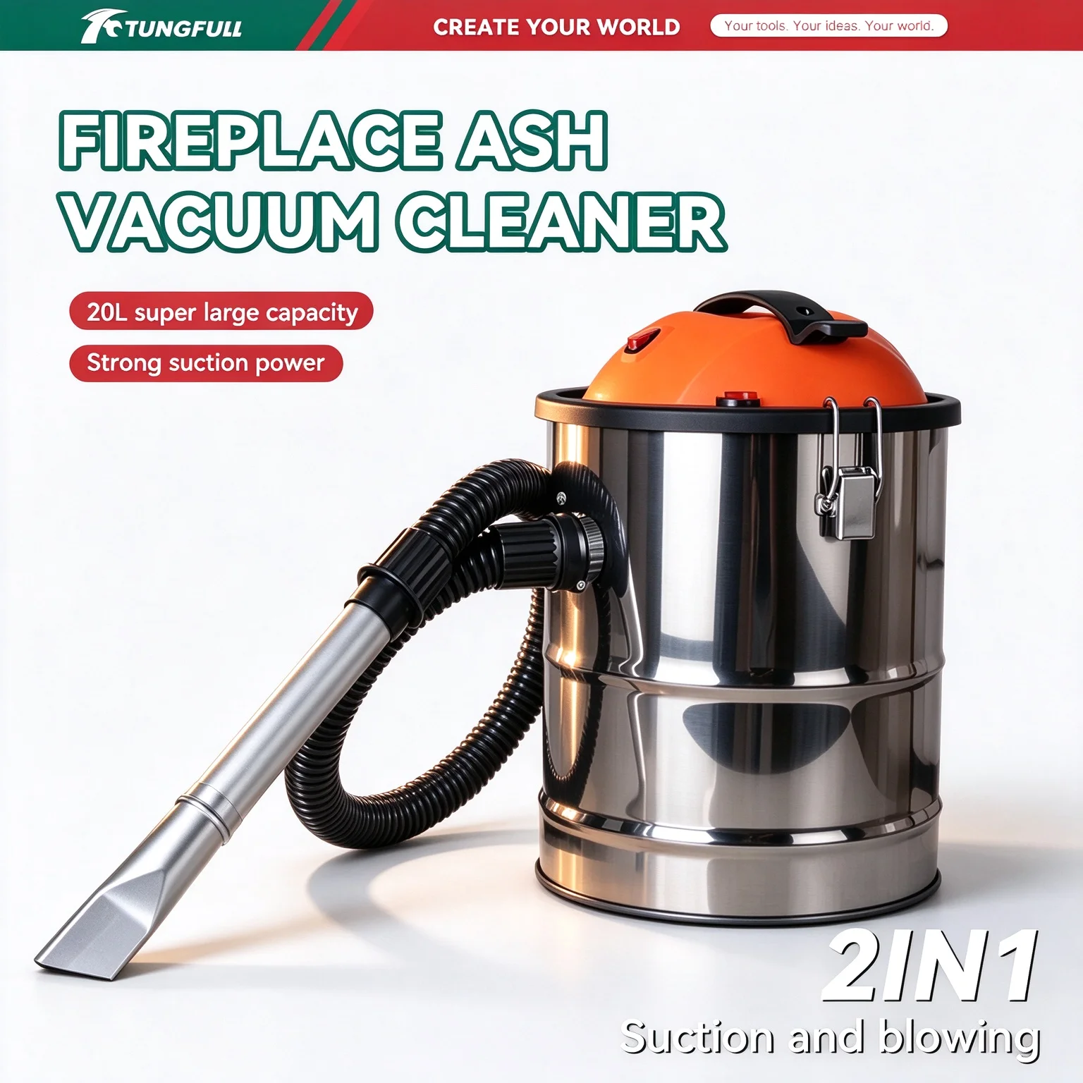 TUNGFULL Ash Vacuum Cleaner Fireplace Cleaner 2 in 1 Suction Blowing Wood Stove BBQ Grill Charcoal Sawdust Home