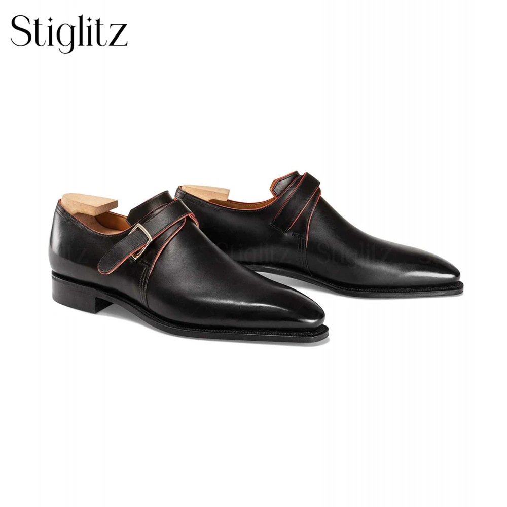 Single Buckle Monk Shoes for Men Old Wood Patina Brass Buckle Calf Leather Dress Shoes Middle Brown Piping Luxury Handmade Shoes