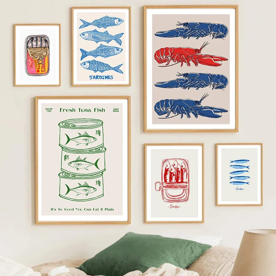 Retro Kitchen Fish Blue Sardines Red Lobster Tuna Poster Print Wall Art Pictures Canvas Painting Living Room Bedroom Home Decor