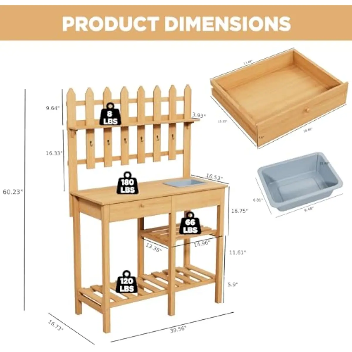 Wooden Potting Bench with Built-in Sink and Drawer, Outdoor Garden Workstation with Storage Shelves and Hooks for Patio Backyard