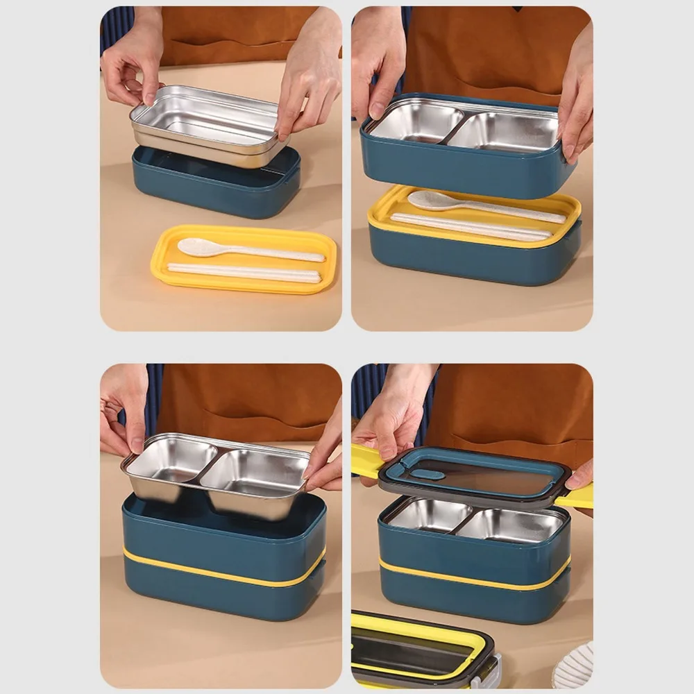 304 Stainless Steel Lunch Storage Container 1400ml 2 Compartments Thermal Lunch Box 2 Layer Compartment Lunch Box For Picnics