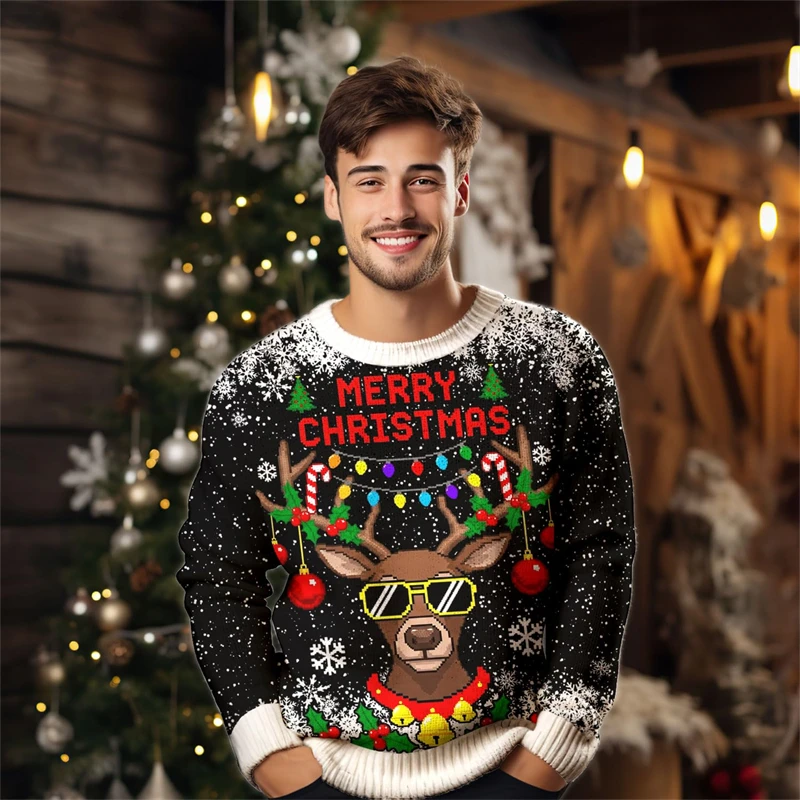 Nowy męski świąteczny sweter typu ugly sweater, modny sweter z nadrukiem 3D Świętego Mikołaja, Jezusa i alpaki, okrągły dekolt, świąteczne bluzy, luźne, oversize'owe pulowery