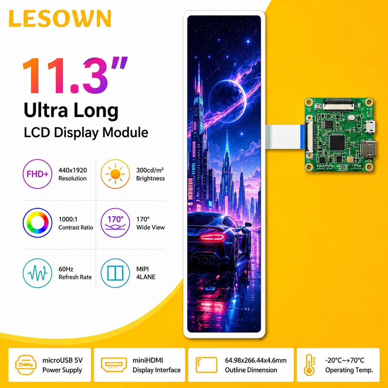 LESOWN 11.3 inch Stretch LCD Panel Driverless Configuration Mdulo de Pantalla 60Hz with USB Power