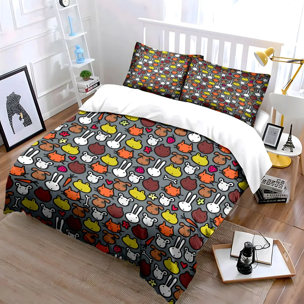 Cartoon Animal Face Pattern Pattern Duvet Cover Set Digital Print Colorful Polyester Bedding with Zipper Closur for kids gifts