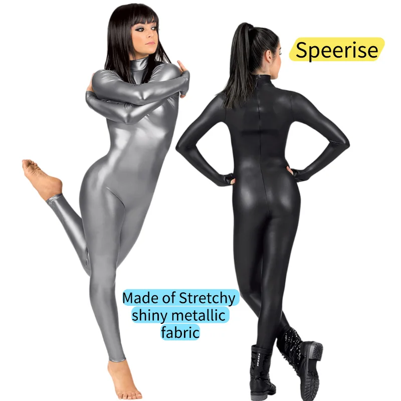 

Women's Adult Long Sleeve Shiny Metallic Unitard Costume Spandex Ballet Full Bodysuit Dance Ballet Gymnastics Catsuit Mock Neck