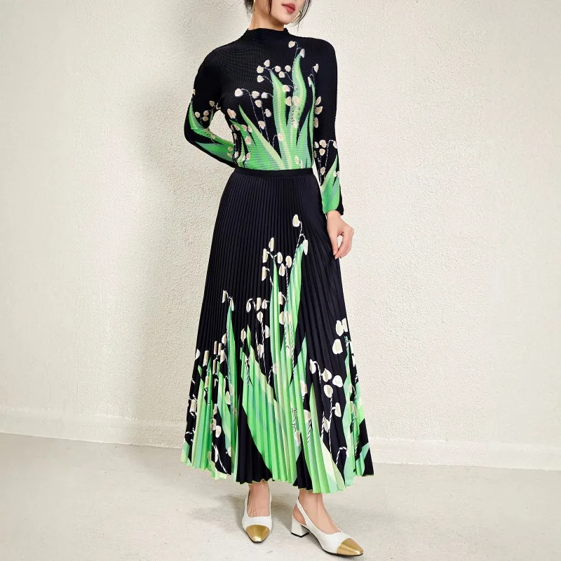 Miyake Pleated Spring and Autumn New Long Sleeve Printed Set Slim Fit Long Sleeve Top Women Pleated Skirt High-end Two-piece Set