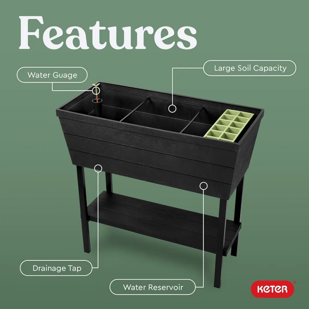 سرير حديقة مرتفع سعة 12.7 جالونًا مع مقياس سقي ذاتيًا، سدادة تصريف، رمادي داكن للأعشاب الخارجية #5