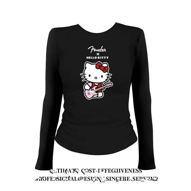 Sanrio hello kitty americano retro doce picante menina dos desenhos animados gato impressão manga comprida camiseta feminina kawaii anime moda casual conjunto