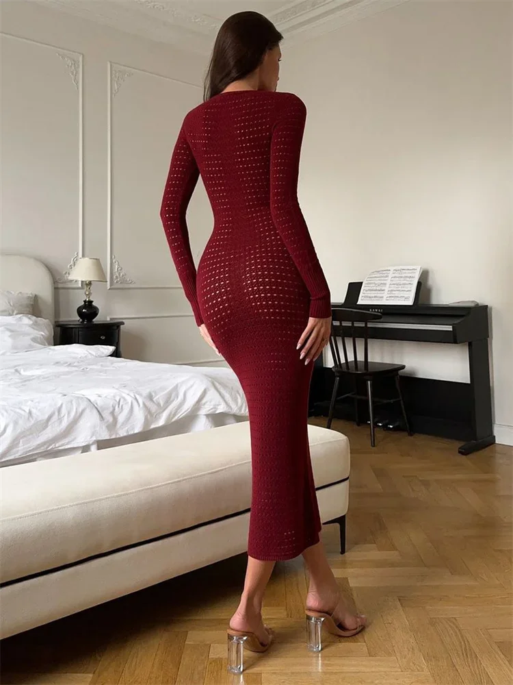 Tossy Knitwear Hollow Out High Waist Maxi Dress For Women Long Sleeve Scoop Neck Slim Elegant Party Dress Female Long Dress 2024