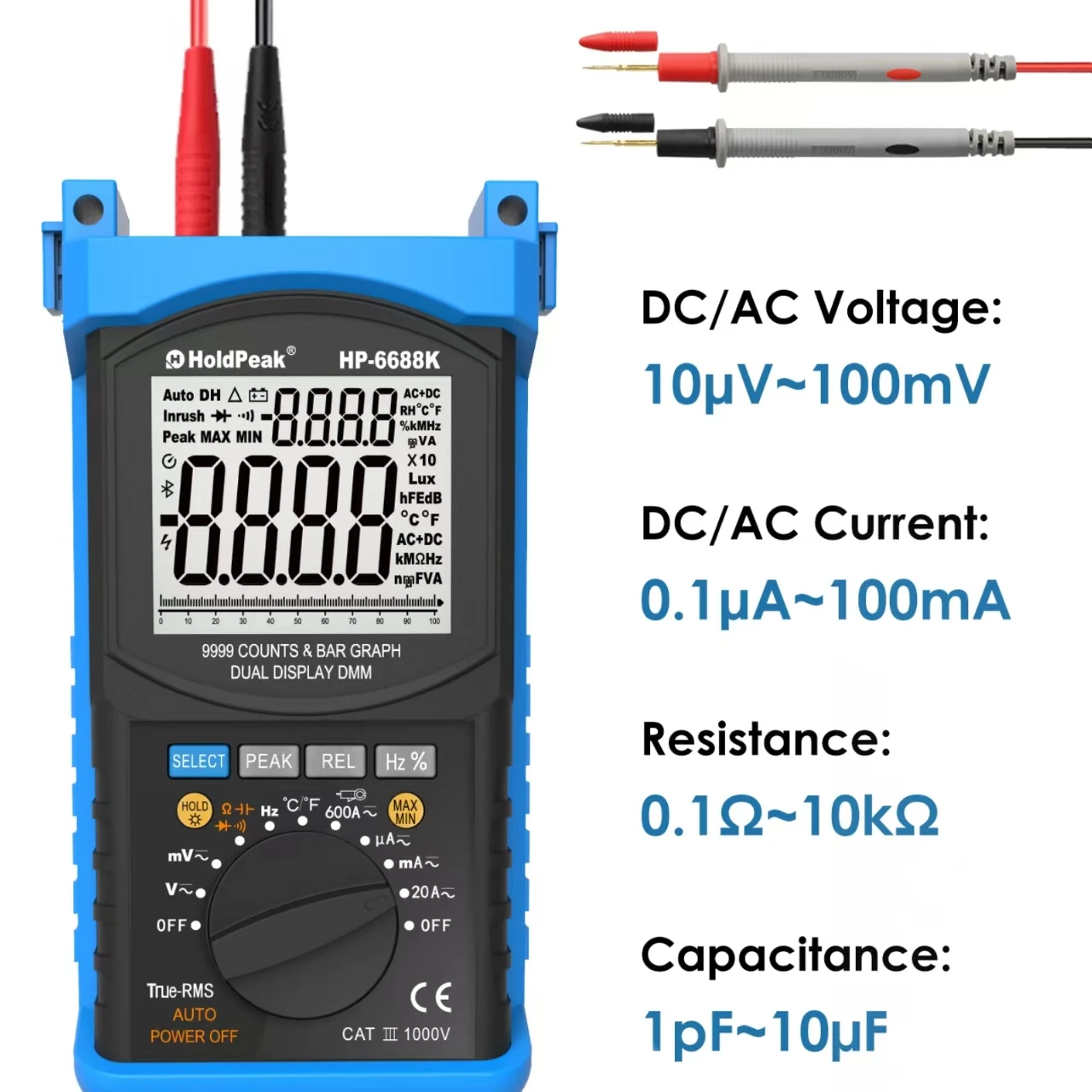 

9999 Counts Digital Multimeter - Handheld Tester for AC/DC Current, Resistance, Frequency, Temperature & Diode - 20A/1000V