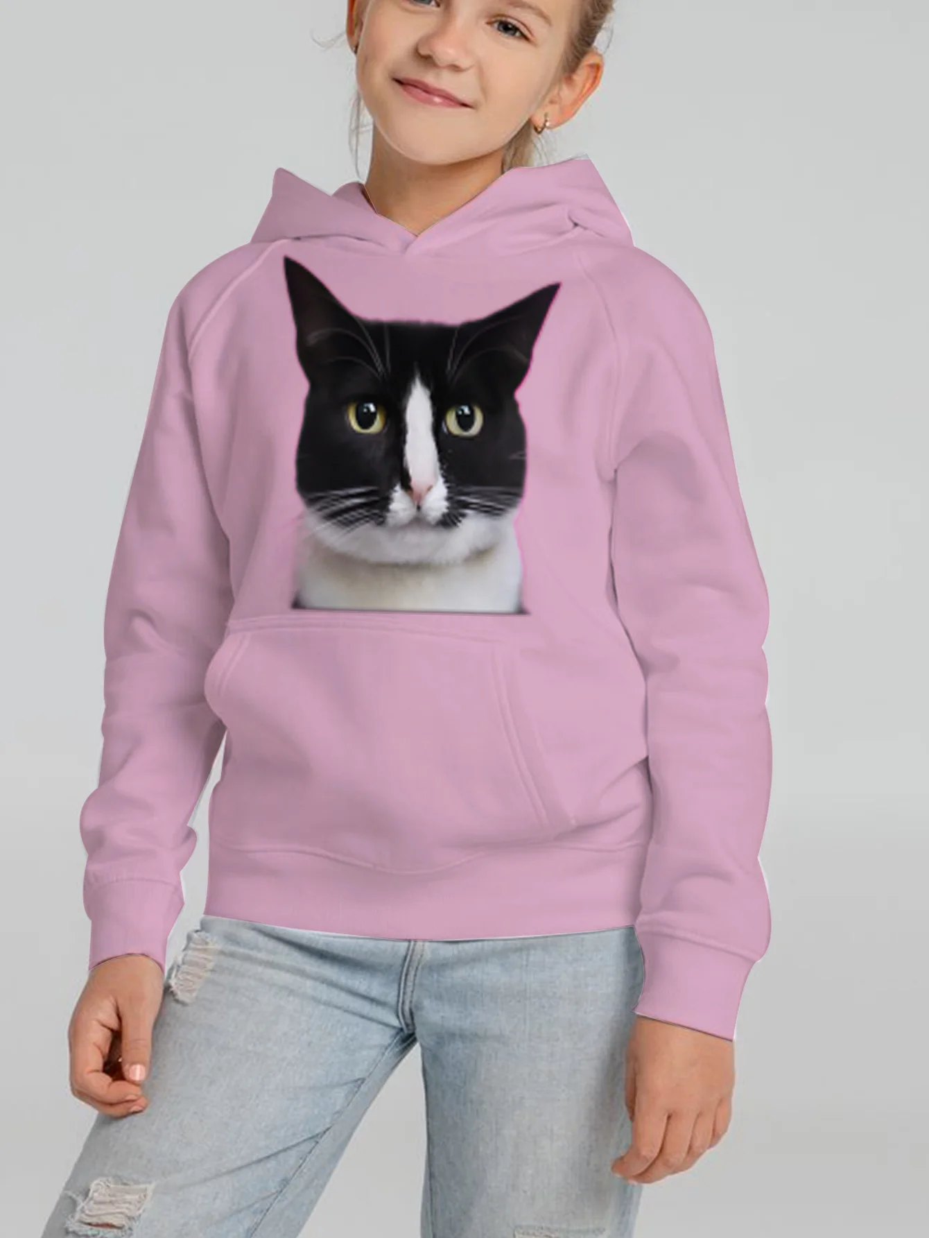 

New cute fashion pink kitten print 3D hoodie for girls for Autumn/Winter 2024