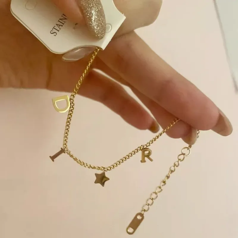 1Pc New Fashion Letter Star Pendant Bracelet for Woman, Simple Vintage Stainless Steel Bracelet Luxury Jewelry Accessories Gifts - view 2