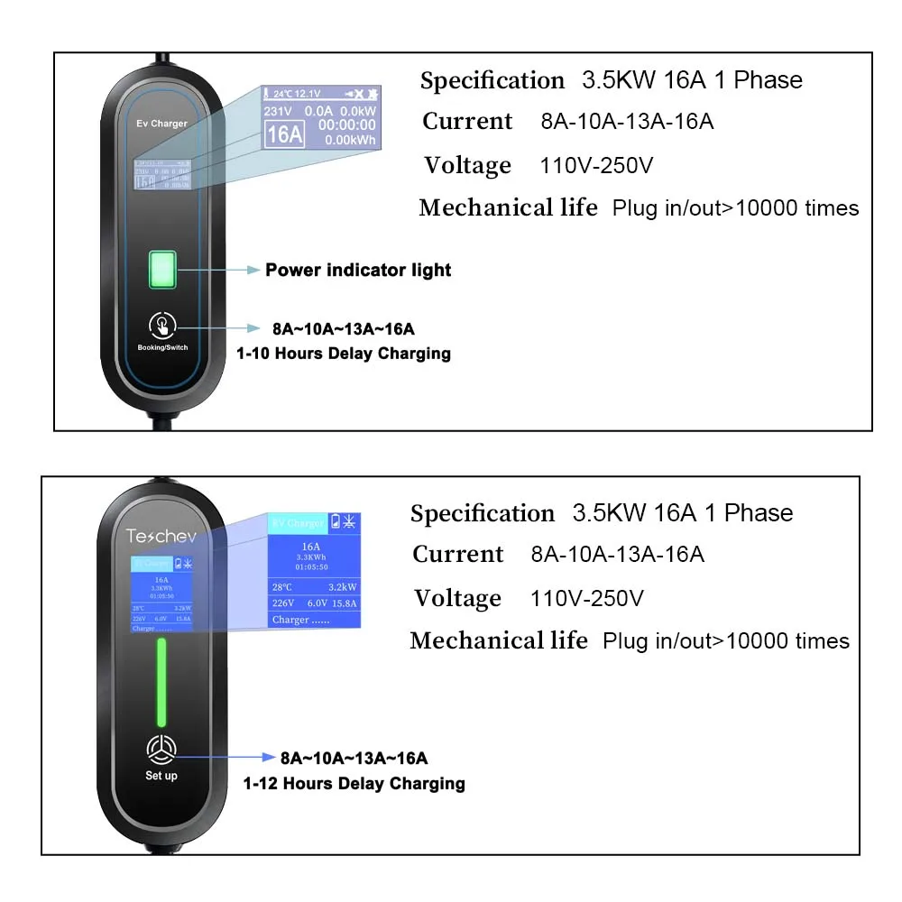 Teschev 3.5KW 16A 1Phase Type2 Portable EV Charger Type 1 SAE J1772 Charging Box Charging Station for Electric Car Charger