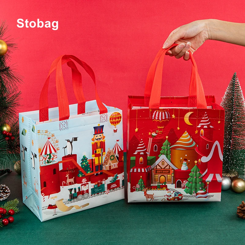 StoBag 12pcs Marry Christmas Tote Bags Gift Package Fabric Hnadle Santa Claus Home Handmade Kids Party Favors New Year Supplies