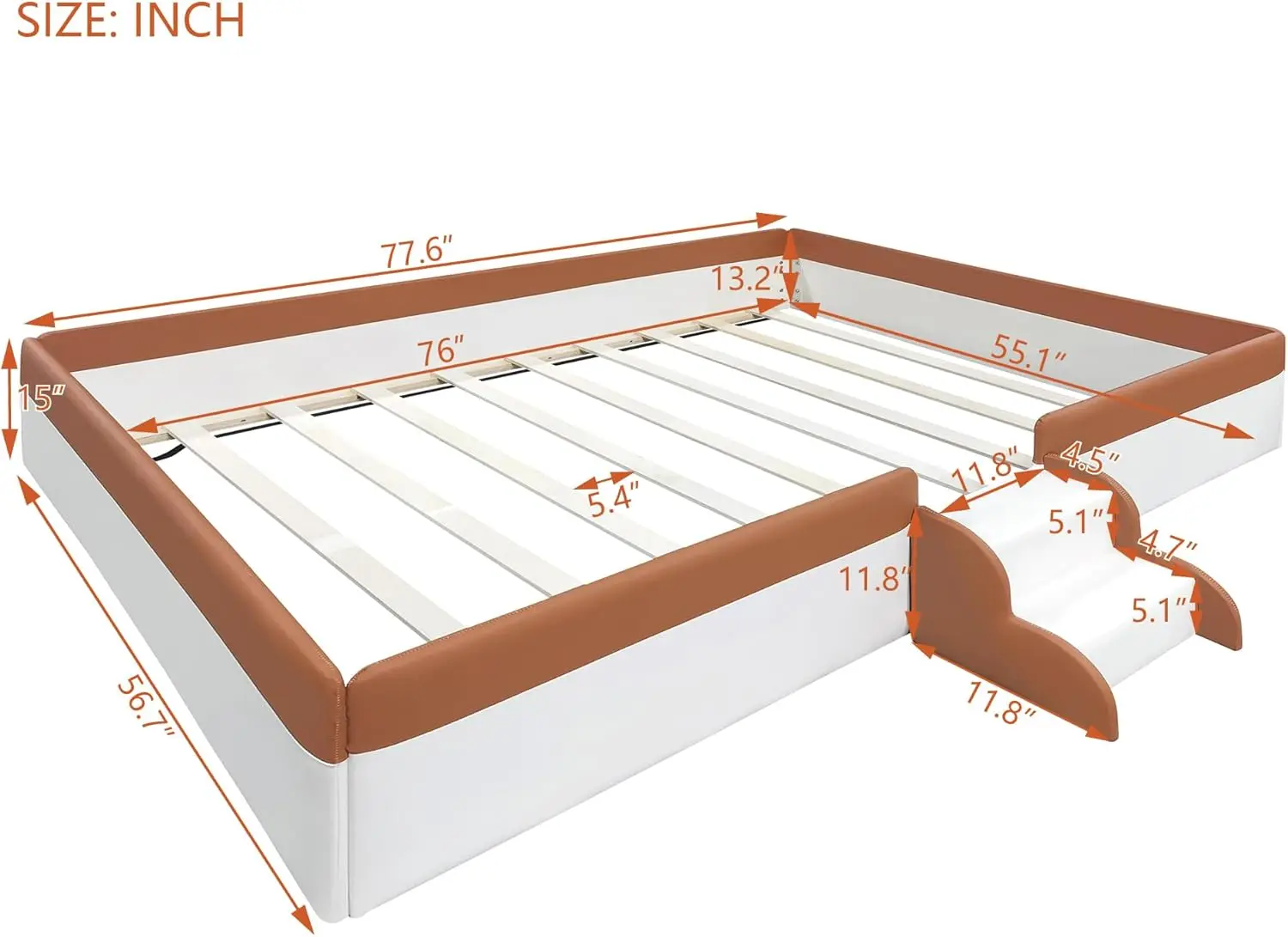 Lit au sol pleine grandeur avec clôture et escaliers, lit au sol en PU avec lamelles, lit Montessori pour enfants, filles et garçons