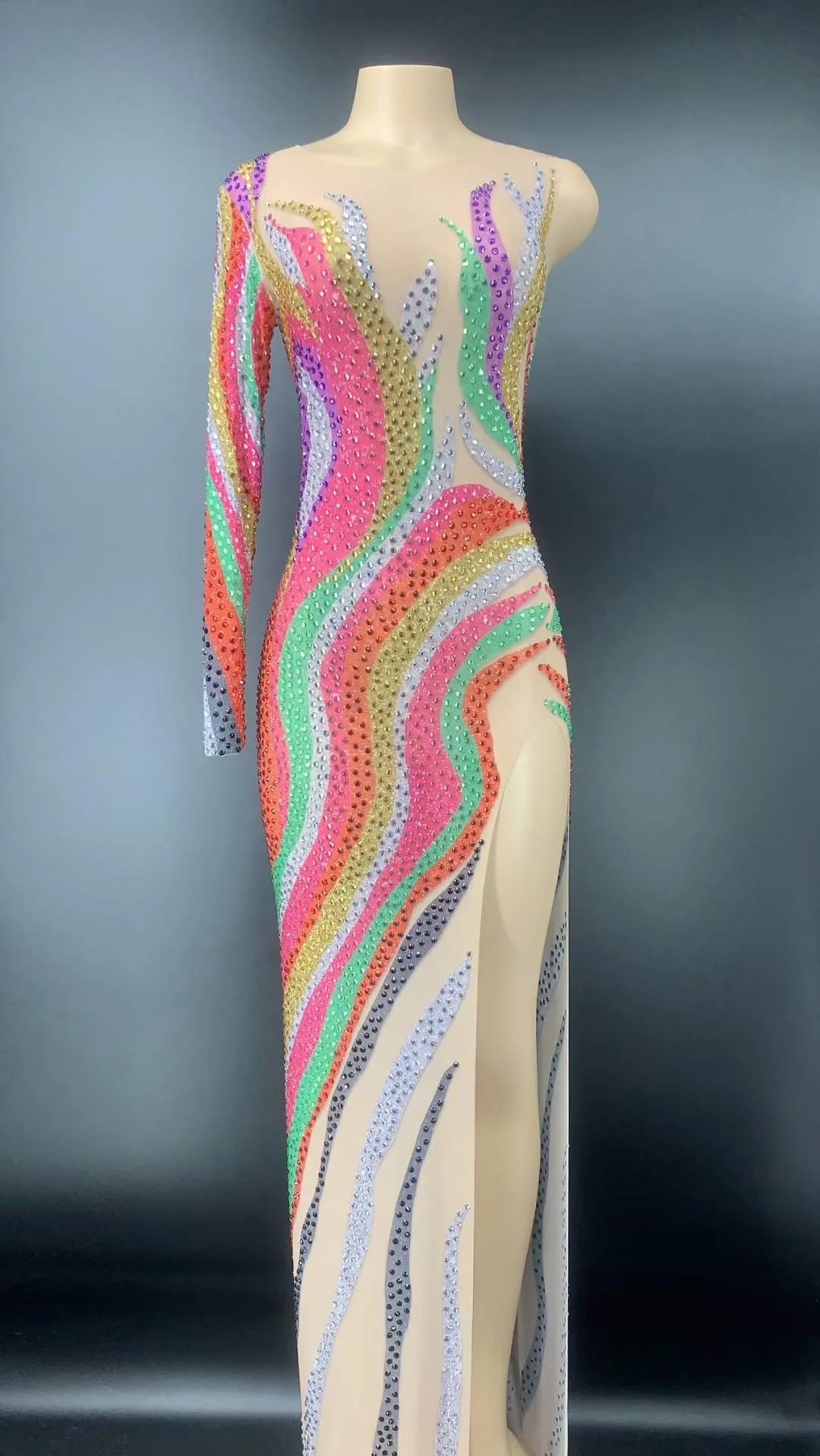 

Women Colorful Shining Rhinestones Sexy One Sleeve Party Club Long Dress Stage Singer Costumes