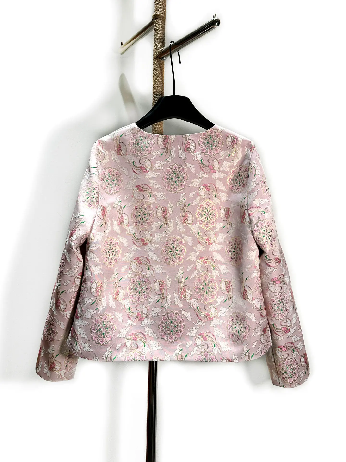Elegant Fashion Lady Pink Jacquard Jacket New Spring Handmade Beading Embroidery Round Neck Long Sleeve Short Cardigans Coat