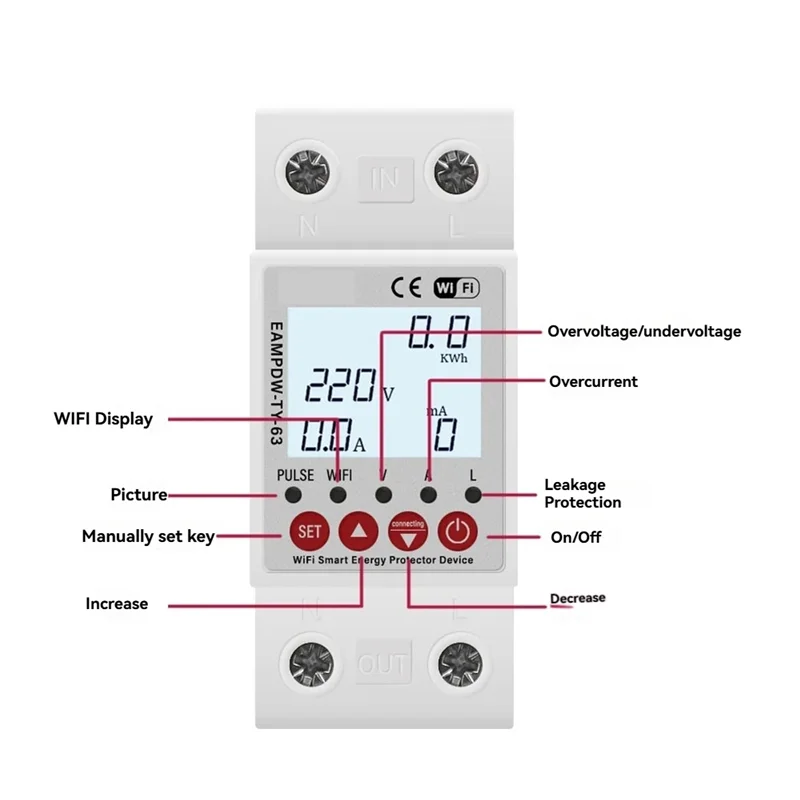 ABGN 2P 63A TUYA Wifi 스마트 보호기 릴레이 장치 스위치 차단기 누전 과전압 저전압 에너지 전력 Kwh 미터