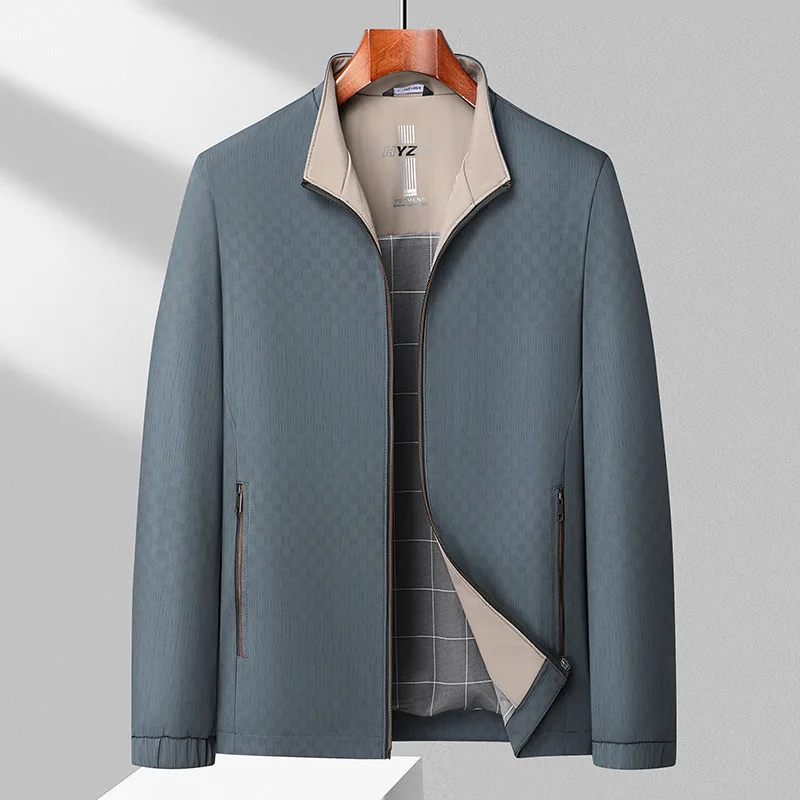 

Spring Autumn Men Business Jacket Plaid Contrast Color Stand Collar Male Coat Long Sleev Comfortable Casual Man Outerwear