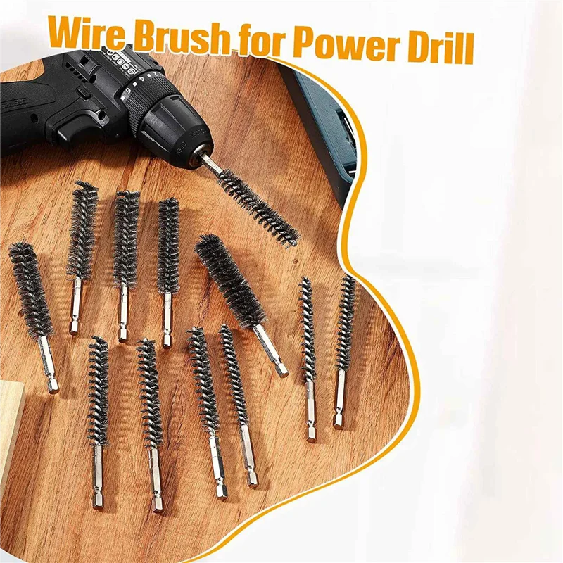 Stainless Steel Bore Brush Stainless Steel Bristles Wire Brush for Power Drill with Hex Shank Handle 12 Pcs