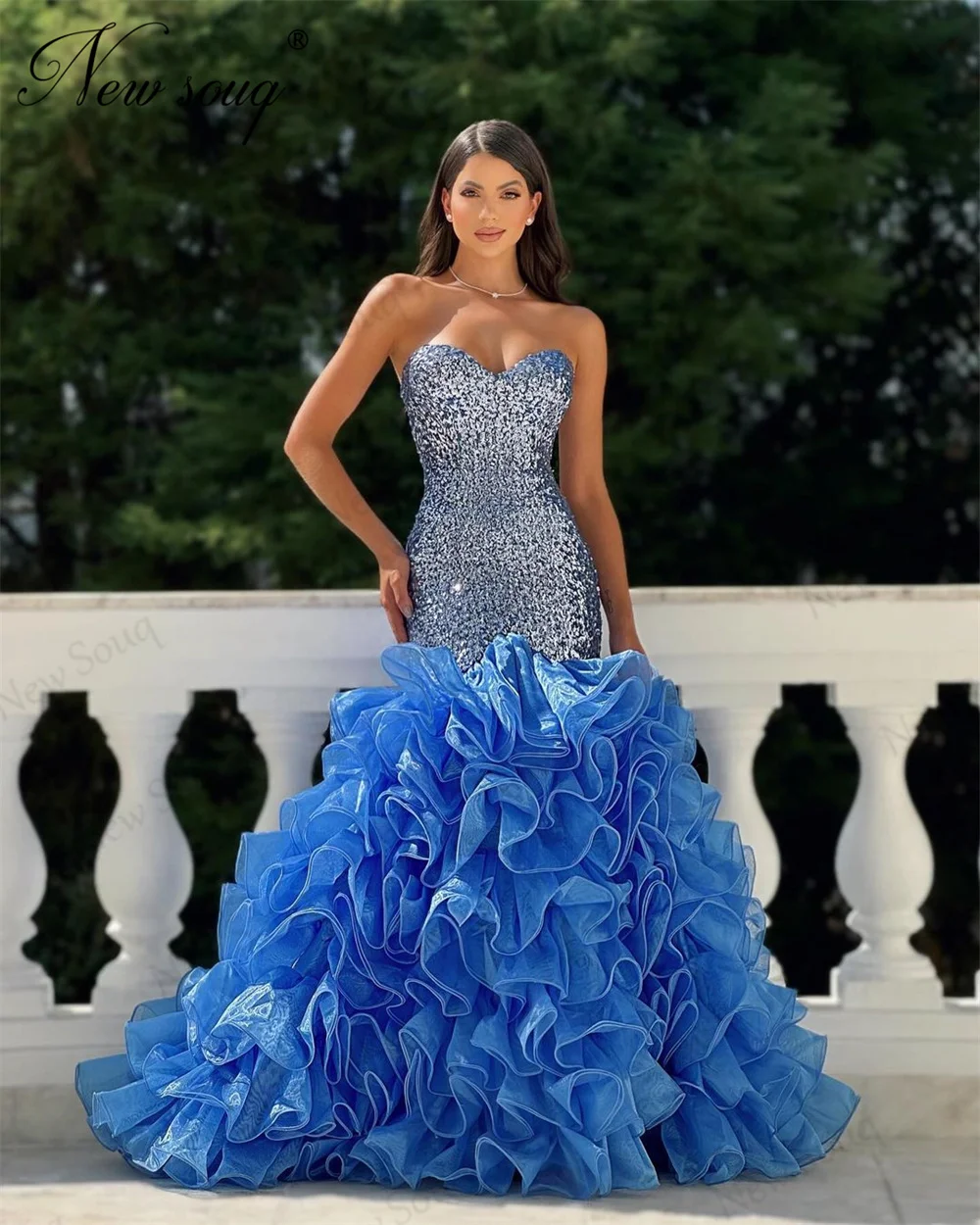 Elegant Blue Evening Dresses Custom Made Sequins Prom Dress Arabic Dubai Sleeves Ruffles Skirt Party Gowns 2024 Vestidos De Gala