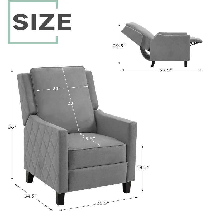 Wingback Recliner Chair,Upholstered Fabric Push Back Recliner,Mid Century Modern Armchair for Bedroom,Living Room,Grey