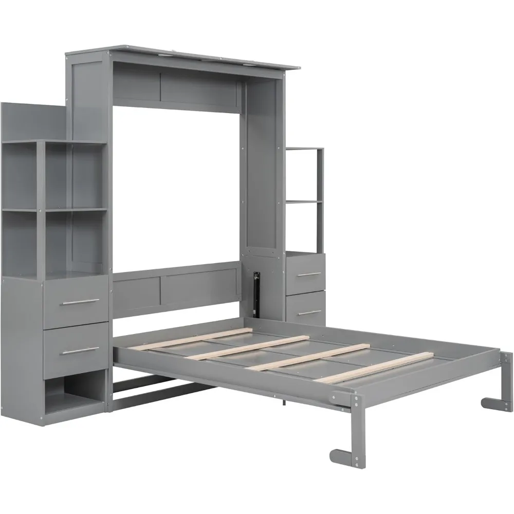 Cama Murphy de tamaño completo Cama de pared con estantes, cajones y luces LED Gabinete de cama Murphy de tamaño completo con colchón Murphy B de tamaño completo