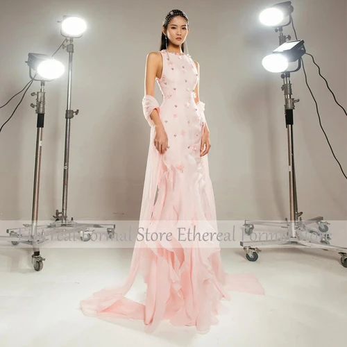 Imagen 2 del producto Vestido de noche de lujo para boda, vestido de noche de sirena con volantes y cuello redondo con chal, vestidos formales de trompeta sin mangas