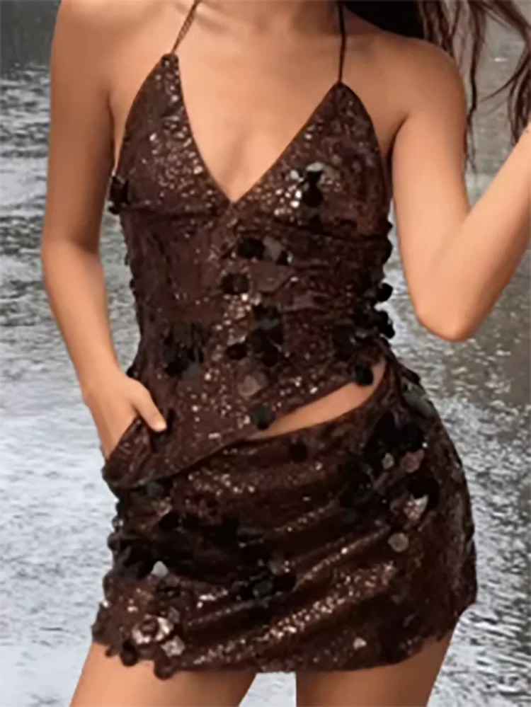 

Женский сексуальный топ с v-образным вырезом и мини-юбка, костюм, новый клубный комплект с открытой спиной и блестками, модная облегающая одежда без рукавов