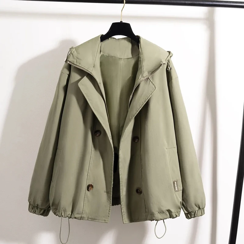 Tooling wind green hooded shoulder windbreaker jacket female 2025 early spring plus size fat mm short jacket jacket.